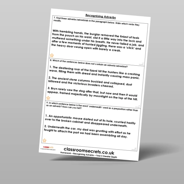 An image of the Free Recognising Adverbs Homework Resource