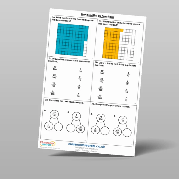 An image of the Hundredths as Fractions Varied Fluency Resource