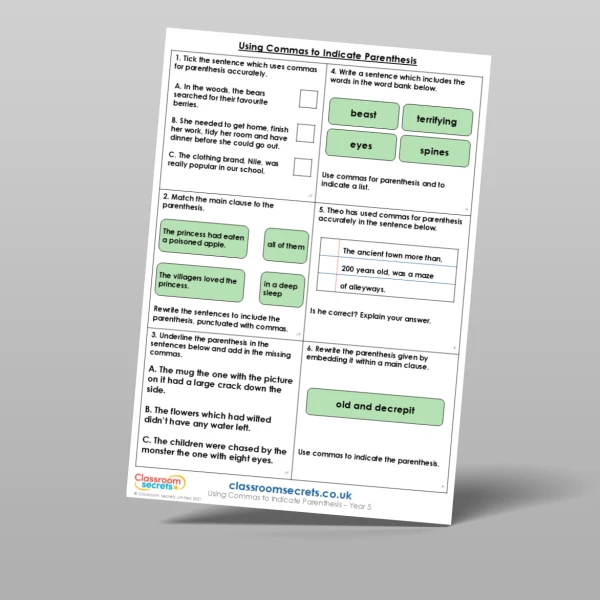 An image of the Using Commas to Indicate Parenthesis Mixed Activity Resource