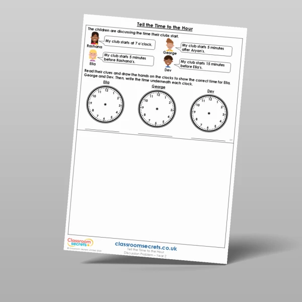 An image of the Tell the Time to the Hour Discussion Problem Resource