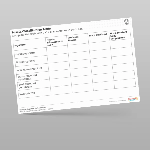An image of the Lesson 1: Classification Table Worksheet Resource