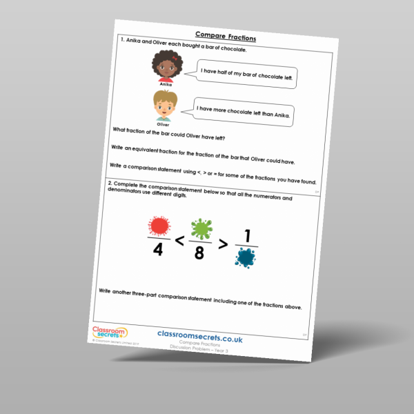 Year 3 Compare Fractions Discussion Problem Resource | Classroom Secrets