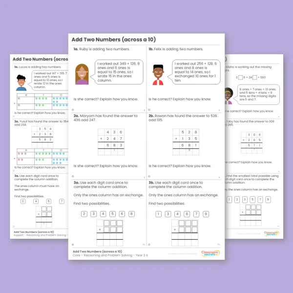 Year 3 Add Two Numbers (across a 10) Addition and Subtraction Reasoning and Problem Solving