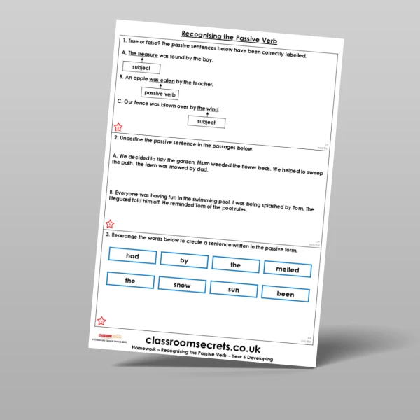 An image of the Recognising the Passive Verb Homework Resource