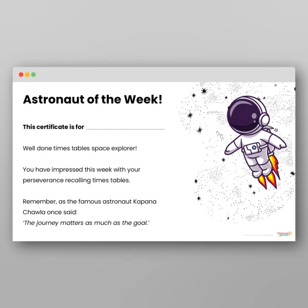 An image of the Astronaut of the Week Times Tables Challenge Certificate Resource
