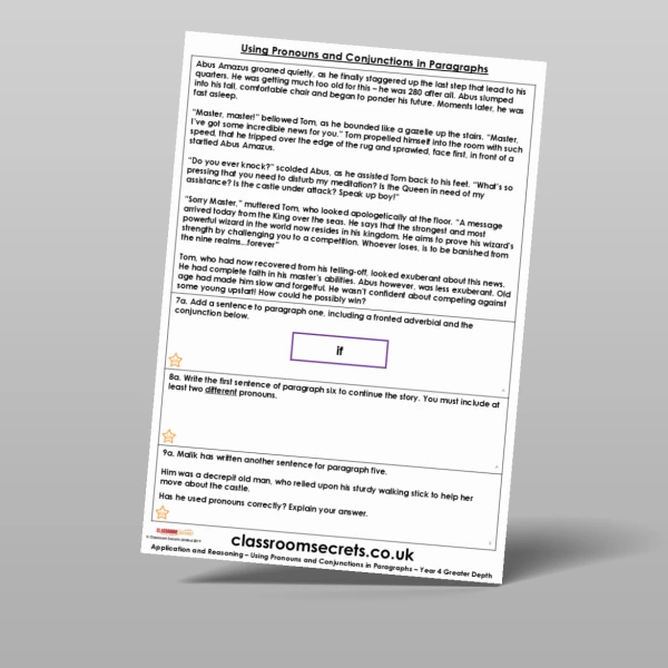 An image of the Using Pronouns and Conjunctions in Paragraphs Application and Reasoning Resource