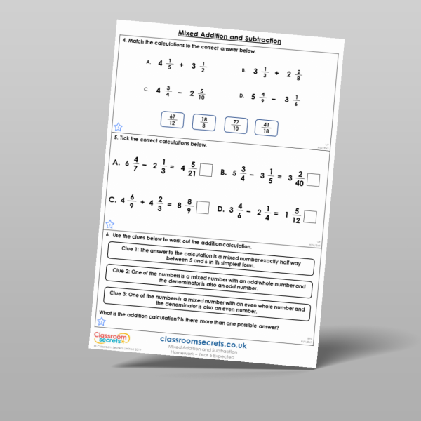 Year 6 Mixed Addition And Subtraction Homework Resource | Classroom Secrets