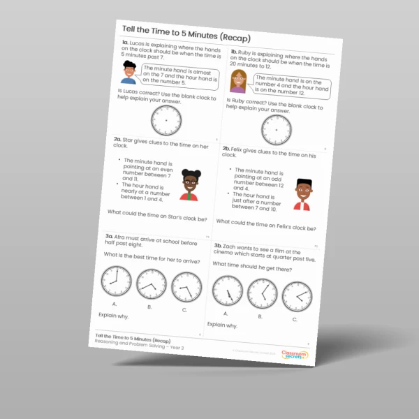 An image of the Tell the Time to 5 Minutes (Recap) Reasoning and Problem Solving Resource