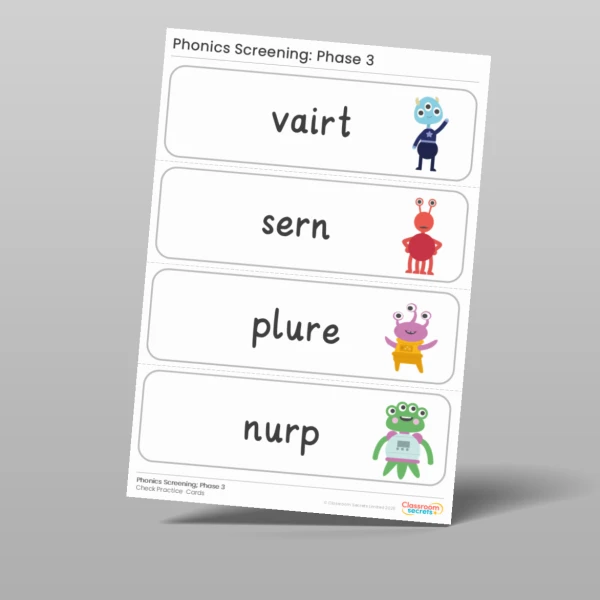 An image of the Phonics Screening Check: Phase 3 Practice Cards Resource