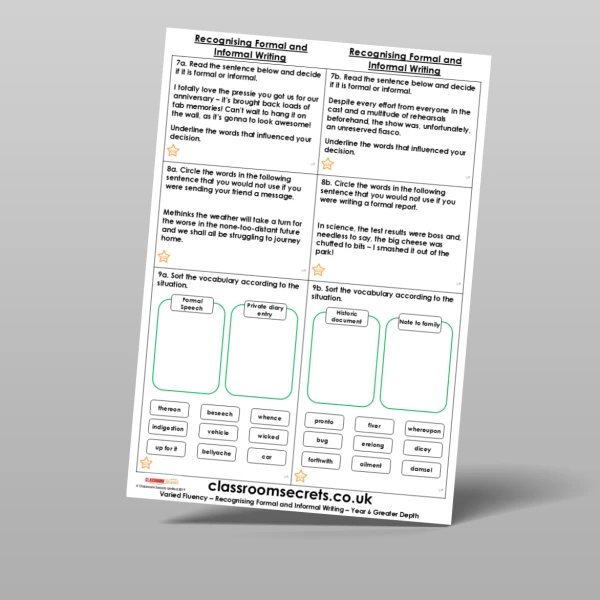 An image of the Free Recognising Formal and Informal Writing Varied Fluency Resource