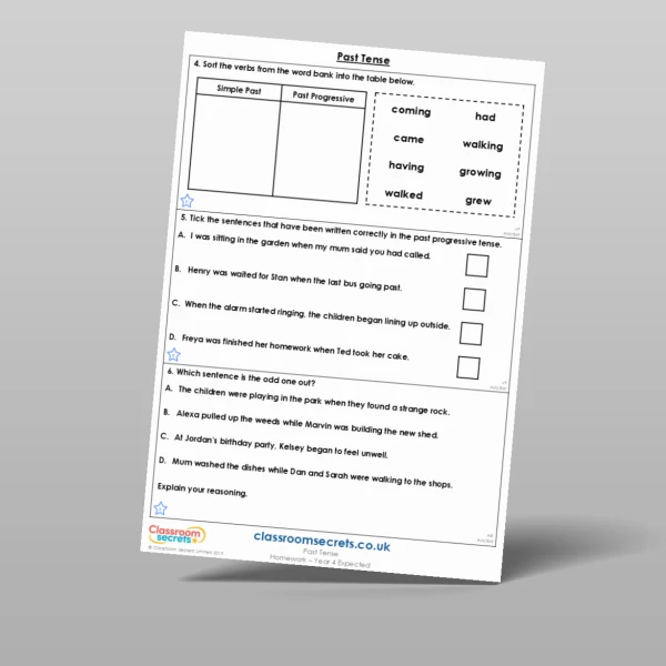 An image of the Past Tense Homework Resource