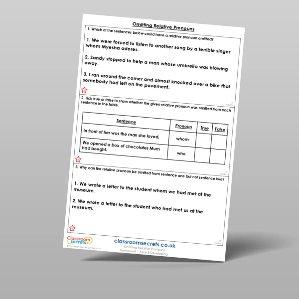 An image of the Omitting Relative Pronouns Homework Resource