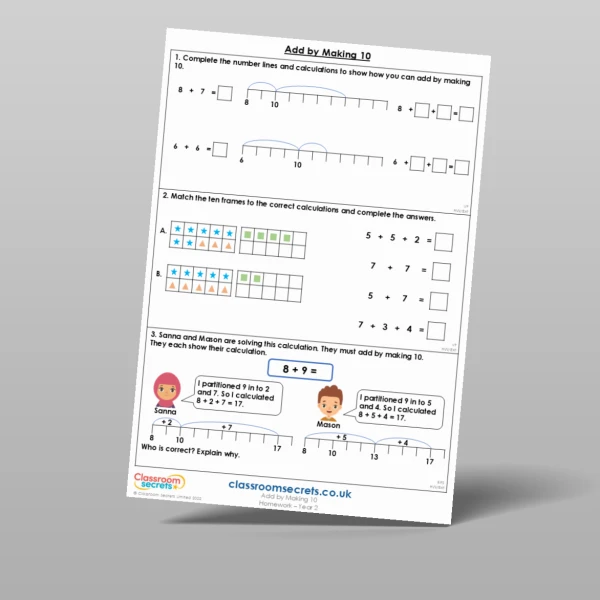 An image of the Add by Making 10 Homework Resource