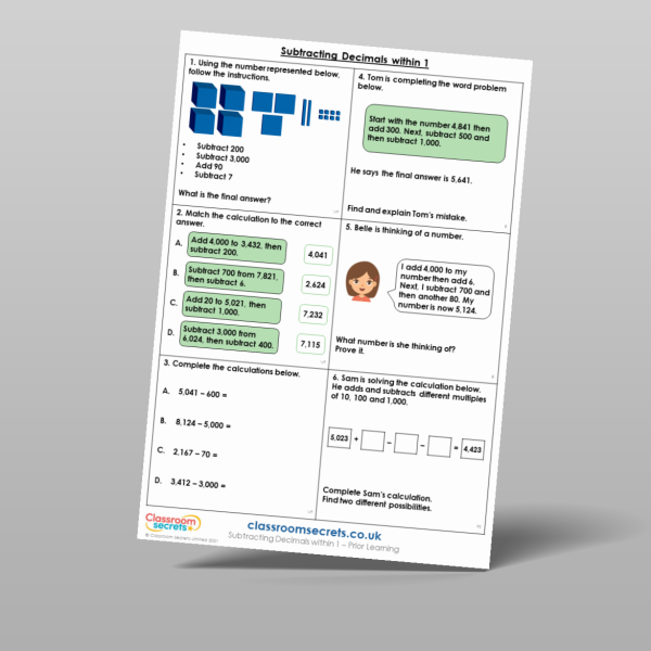 Year 5 Subtracting Decimals Within 1 Prior Learning Resource ...