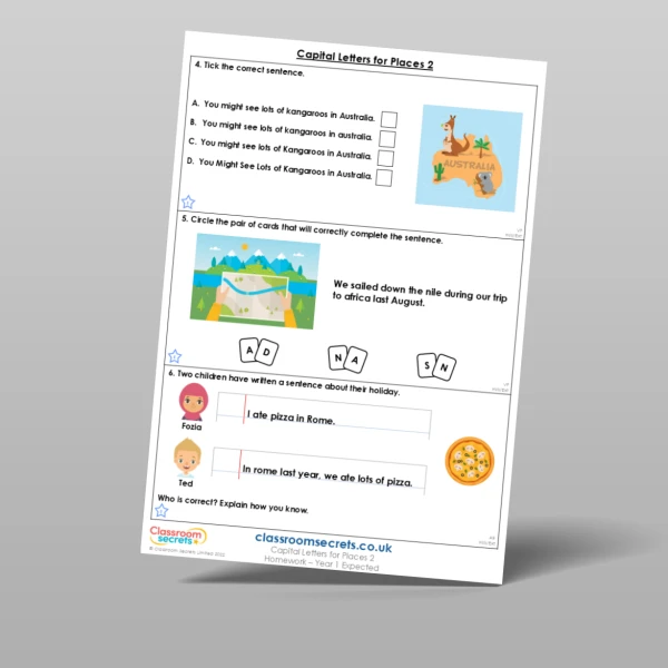 An image of the Capital Letters for Places 2 Homework Resource