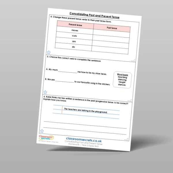 An image of the Consolidating Past and Present Tense Homework Resource