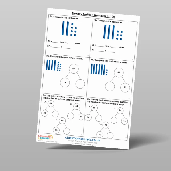 An image of the Flexibly Partition Numbers to 100 Varied Fluency Resource