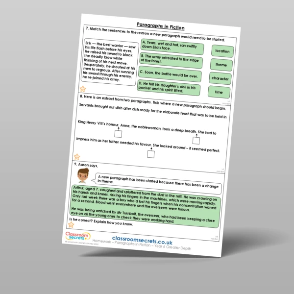 An image of the Paragraphs in Fiction Homework Resource