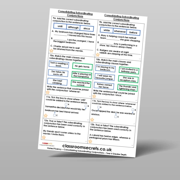 An image of the Consolidating Subordinating Conjunctions Varied Fluency Resource