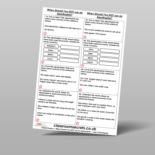 An image of the When Should You NOT use an Apostrophe? Varied Fluency Resource