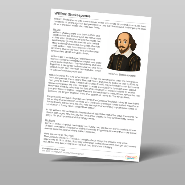 An image of the William Shakespeare Comprehension Pack Resource
