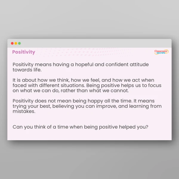 An image of the UKS2 Values - Positivity Resource