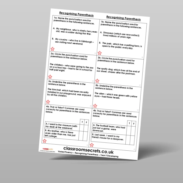 An image of the Free Recognising Parenthesis Varied Fluency Resource