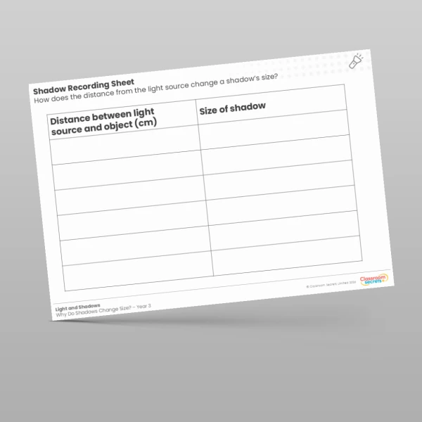An image of the Lesson 6: How Shadows Change Size Recording Sheet Worksheet Resource
