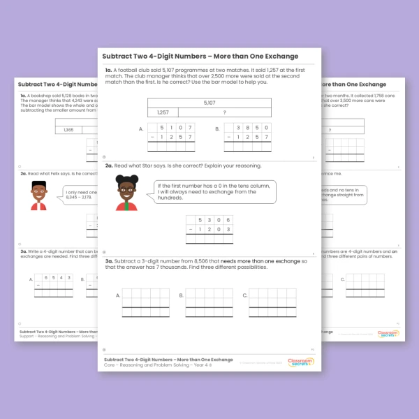 Year 4 Subtract Two 4-Digit Numbers - More than One Exchange Addition and Subtraction, Reasoning and Problem Solving