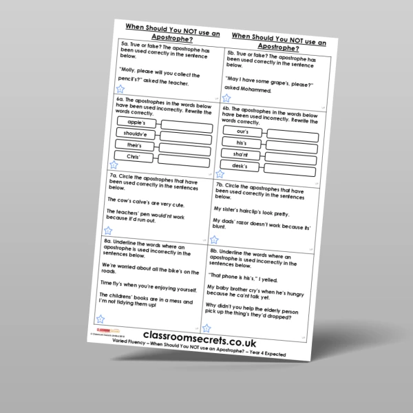 An image of the When Should You NOT use an Apostrophe? Varied Fluency Resource