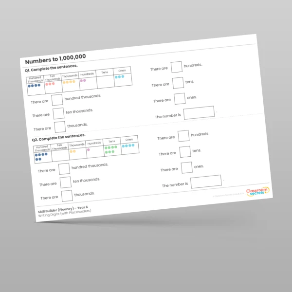 An image of the Numbers to 1,000,000 Writing Digits (with Placeholders) Skill Builder Resource