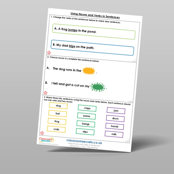 An image of the Using Nouns and Verbs in Sentences Homework Resource