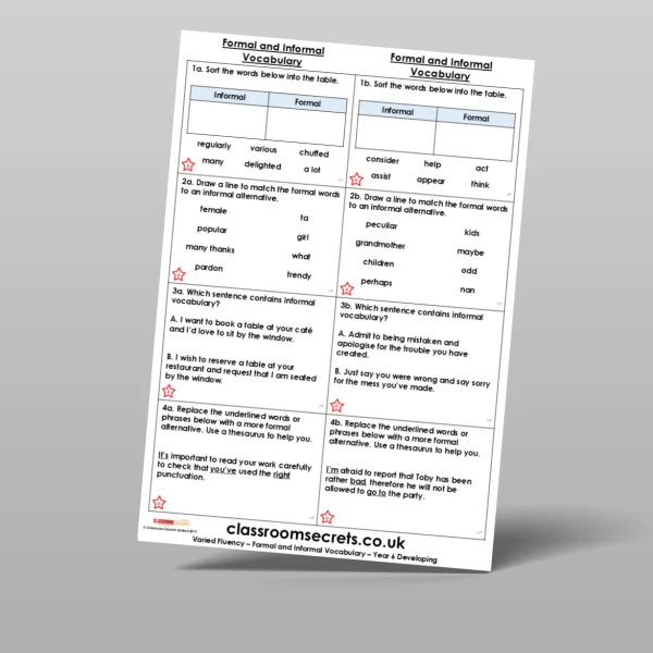 An image of the Formal and Informal Vocabulary Varied Fluency Resource