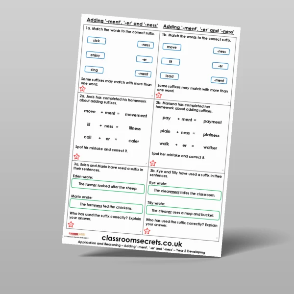 An image of the Adding '-ment', '-er' and '-ness' Application and Reasoning Resource