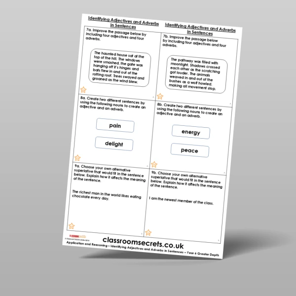An image of the Identifying Adjectives and Adverbs in Sentences Application and Reasoning Resource