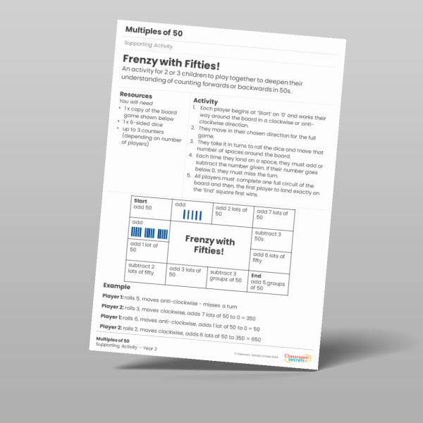 Year 3 Multiples Of 50 Supporting Activity Resource | Classroom Secrets