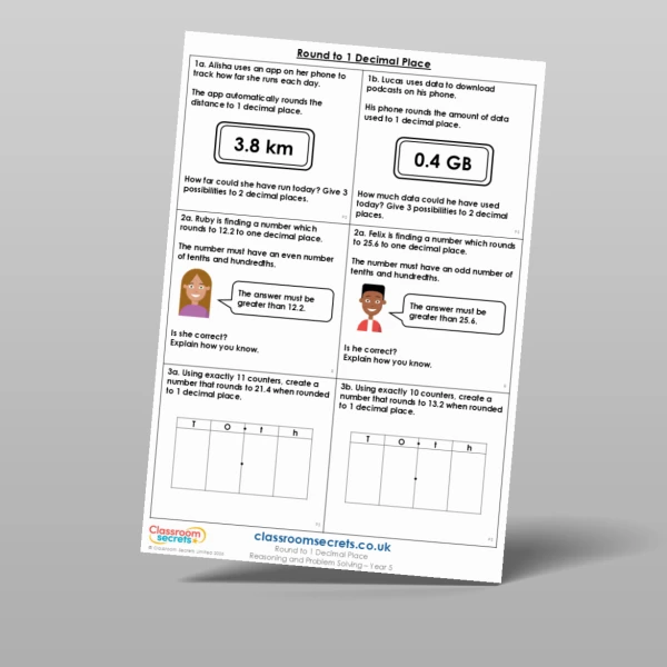 An image of the Round to 1 Decimal Place Reasoning and Problem Solving Resource