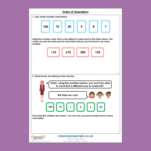 Year 6 Order of Operations Addition, Subtraction, Multiplication and Division Deeper Reasoning Discussion Problem