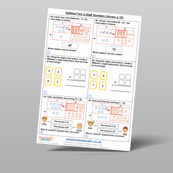 Year 2 Subtract Two 2 Digit Numbers Across A 10 Reasoning And Problem ...