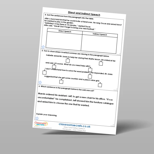 An image of the Direct and Indirect Speech Homework Resource