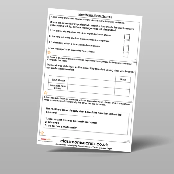 An image of the Free Identifying Noun Phrases Homework Resource