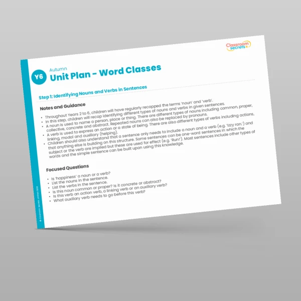 An image of the Word Classes Unit Plan Resource