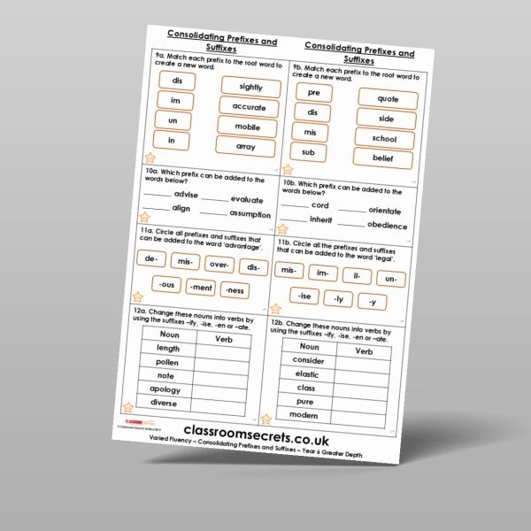 An image of the Consolidating Prefixes and Suffixes Varied Fluency Resource