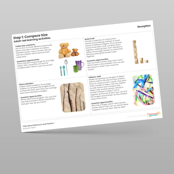 An image of the WR Maths Aligned Planning Reception Step 1 Compare Size Resource