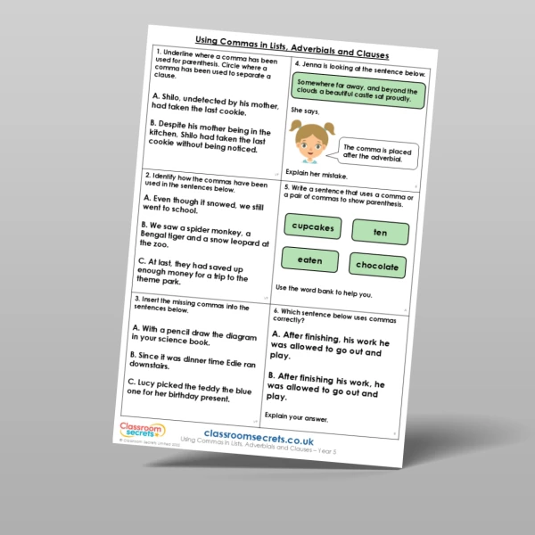 An image of the Using Commas in Lists, Adverbials and Clauses Mixed Activity Resource