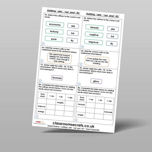 An image of the Adding '-ate', '-'ise' and '-ify' Varied Fluency Resource