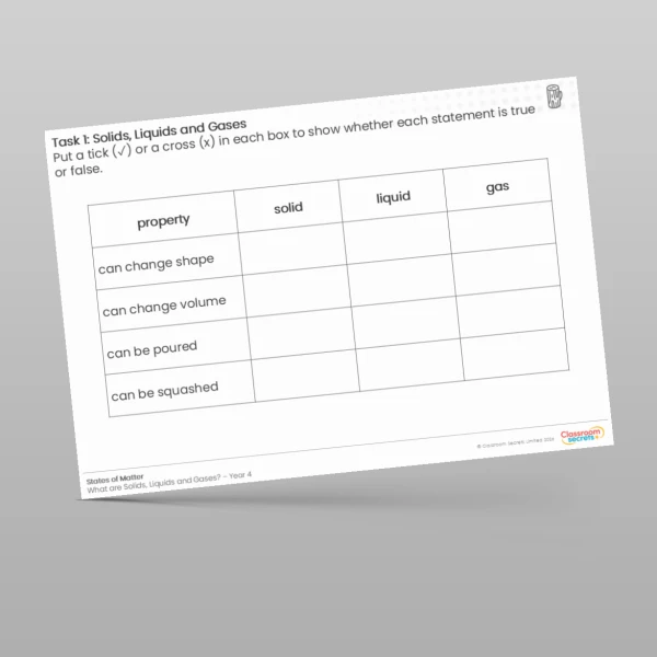 An image of the Lesson 1: Solids Liquids and Gases Worksheet Resource