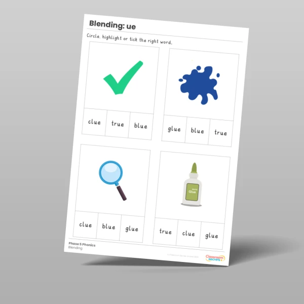 An image of the Phonics Blending Activities: ue Resource
