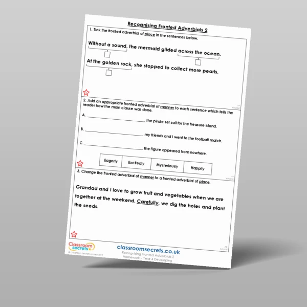 An image of the Recognising Fronted Adverbials 2 Homework Resource