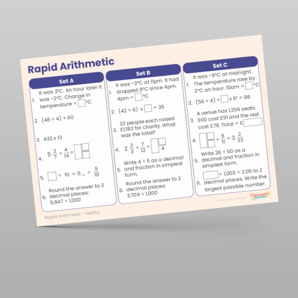 An image of the Spring 1 Week 3 Rapid Arithmetic Resource